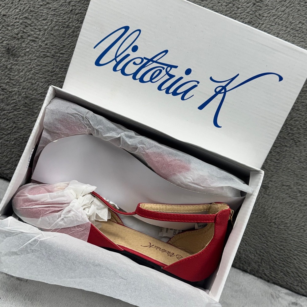 Victoria K Red T Strap Ballet Flats Women Size 7.5 Rhinestone Accent Zip Ankle